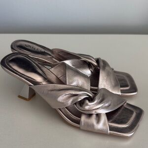 Vaneli Metallic Rose Gold Knotted Mule Heels